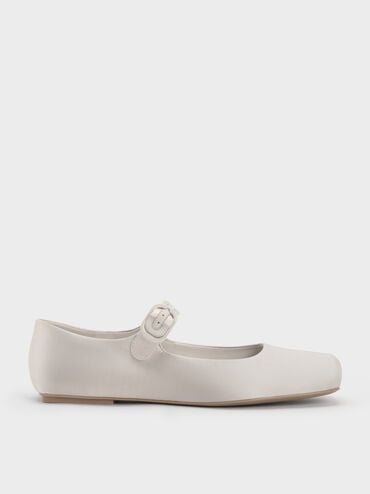 Satin Buckled Square-Toe Mary Jane Flats, Light Grey, hi-res