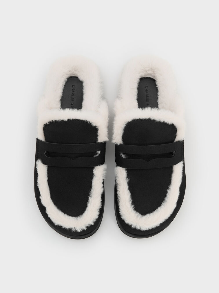 Recycled-Fur Flatform Mules, Black Textured, hi-res
