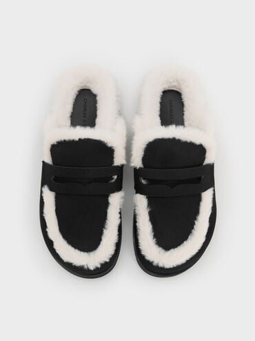 Recycled-Fur Flatform Mules, Black Textured, hi-res
