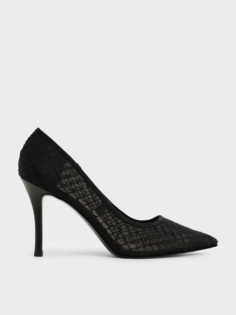 Mesh Stiletto Pumps, Black, hi-res