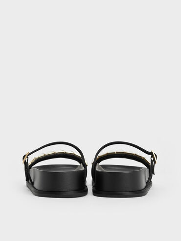 Sandalias de raso con doble tira y adornos de cristal, Negro texturizado, hi-res