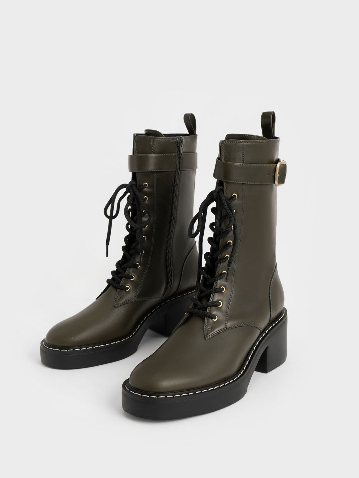 Buckled Lace-Up Platform Boots, Olive, hi-res
