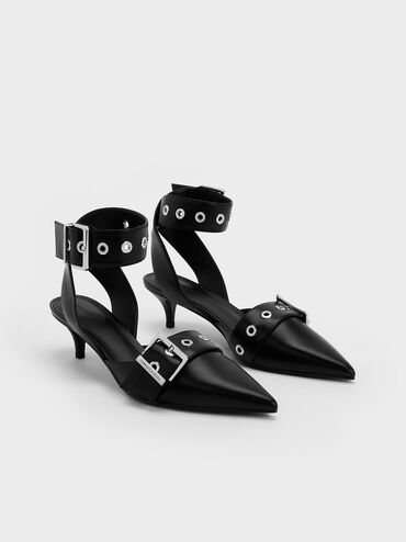 Grommet-Strap Kitten-Heel Pumps, Black, hi-res