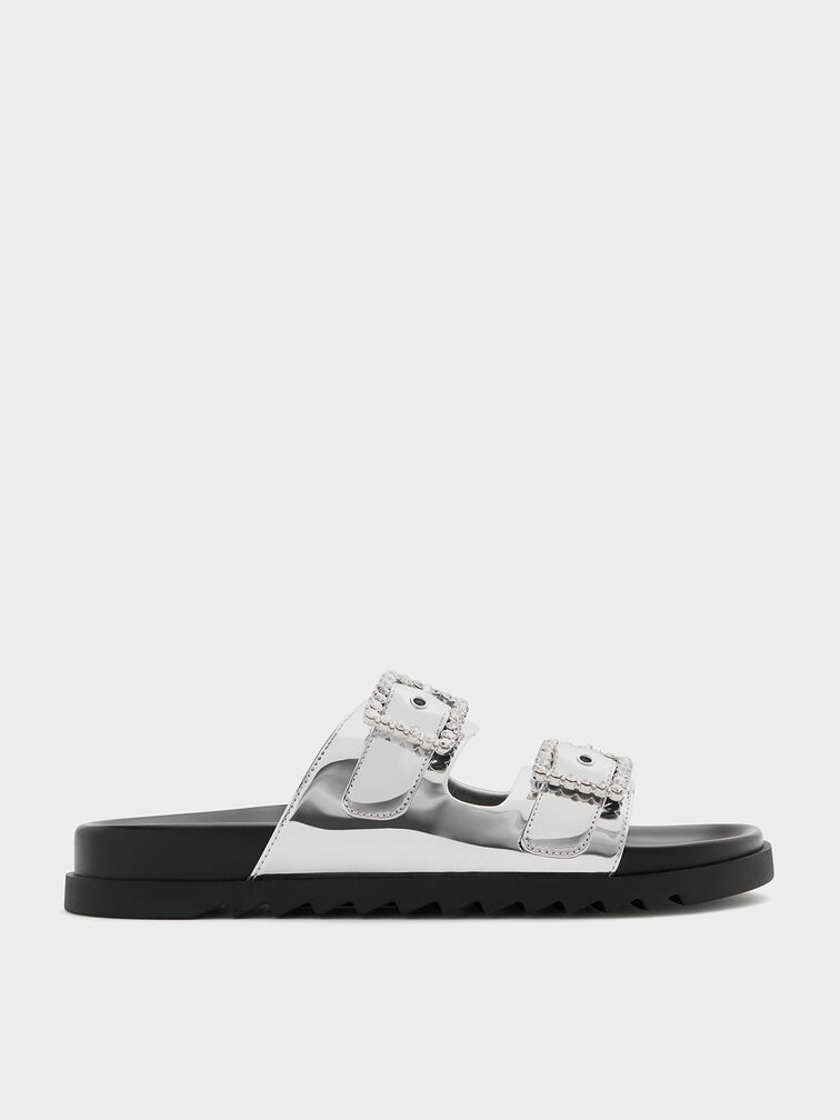 Metallic Gem-Buckle Double-Strap Sandals, Silver, hi-res
