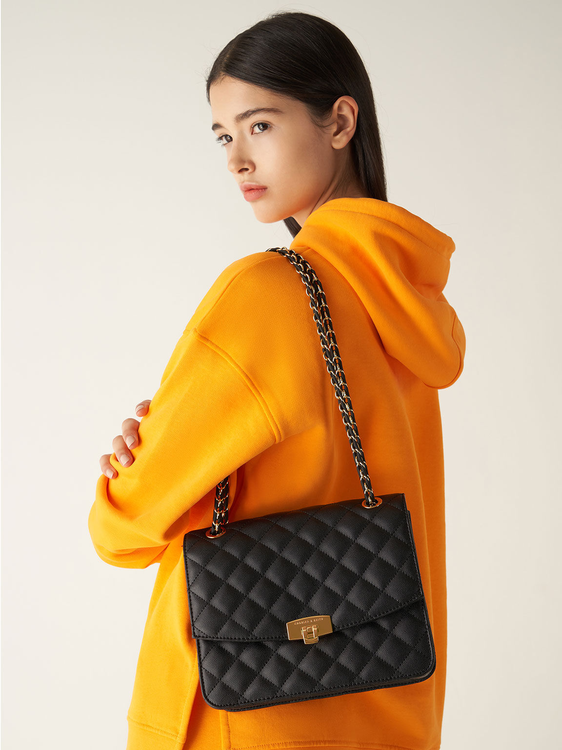 Quilted Push-Lock Clutch Bag, Black, hi-res
