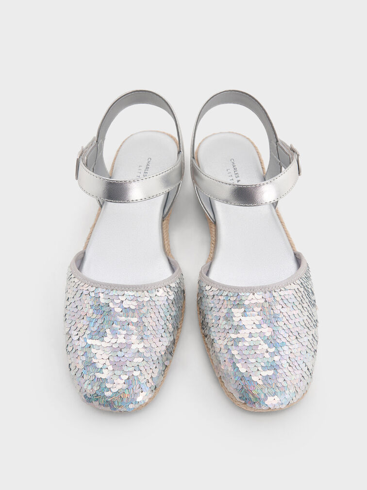 Girls' Sequin Espadrille Flats, Silver, hi-res