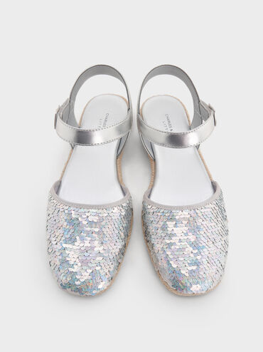 Girls' Sequin Espadrille Flats, Silver, hi-res