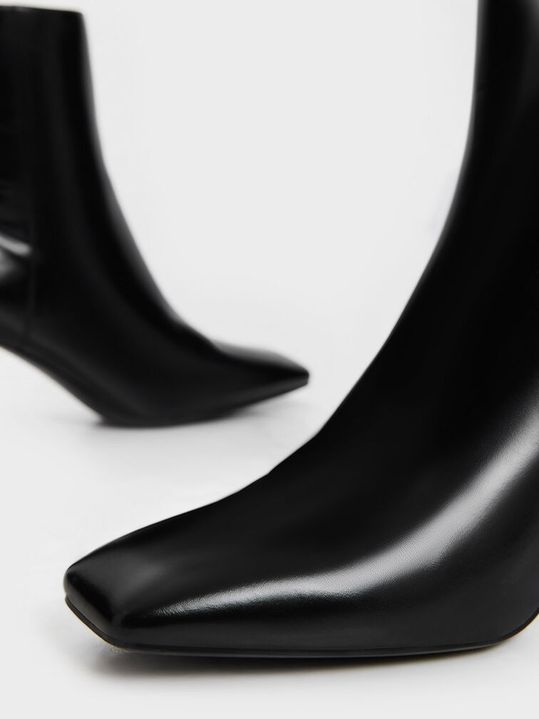 Curved Block Heel Ankle Boots, Black, hi-res