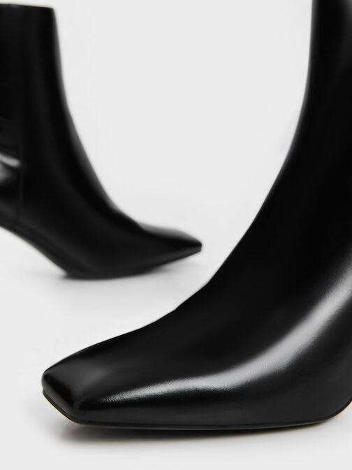 Curved Block Heel Ankle Boots, Black, hi-res