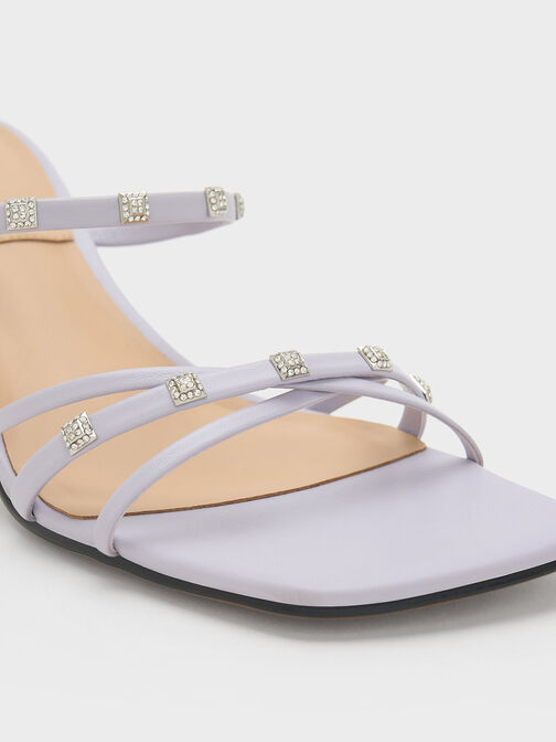 Square Crystal-Embellished Metallic Leather Heeled Mules, Lilac, hi-res