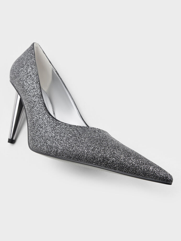 Tacones con tacón de cono y purpurina, Negro texturizado, hi-res