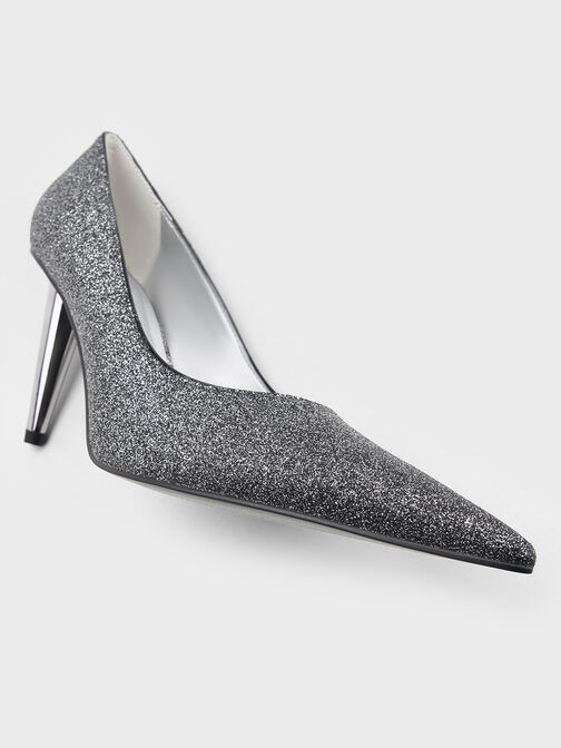 Glittered Cone-Heel Pointed-Toe Pumps, Black Textured, hi-res