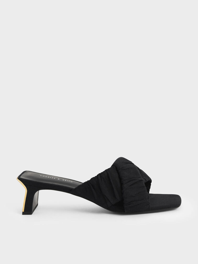 Linen Asymmetric Ruched Mules, Black, hi-res