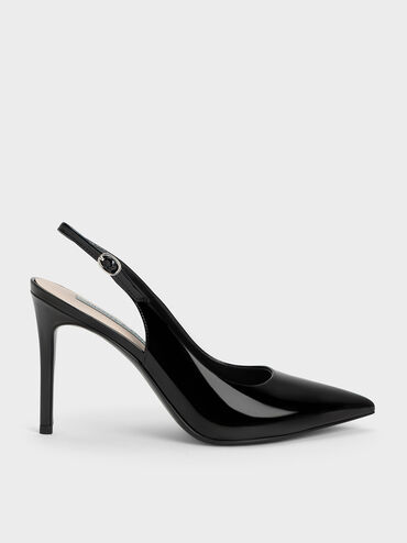 Stiletto Heel Slingback Pumps, Black Patent, hi-res