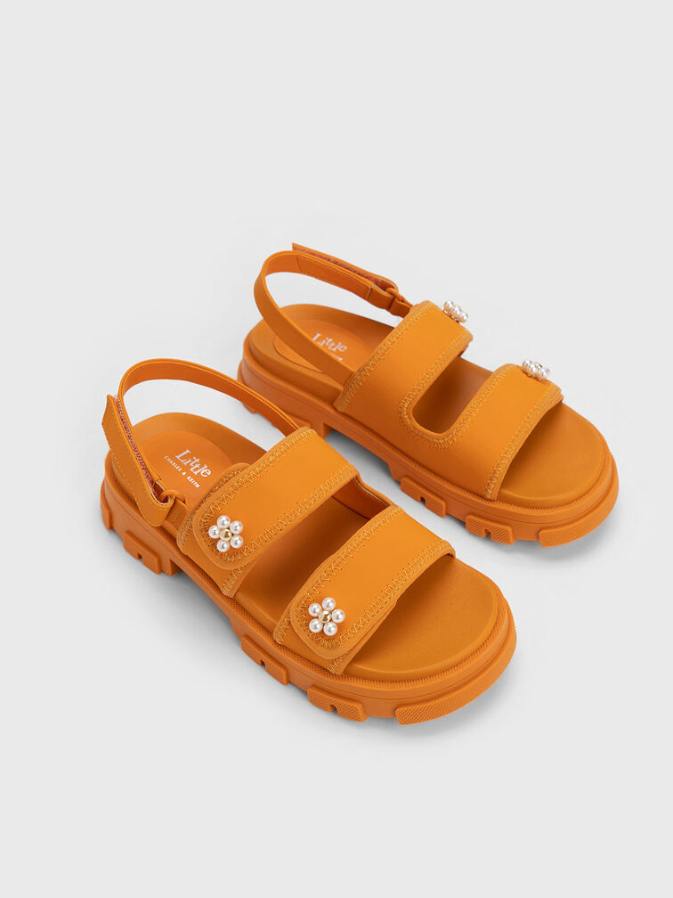 兒童珍珠小花雙帶涼鞋, 橘色, hi-res