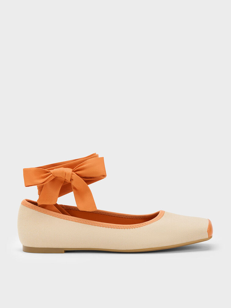 Tie-Around Canvas Ballerina Flats, Orange, hi-res