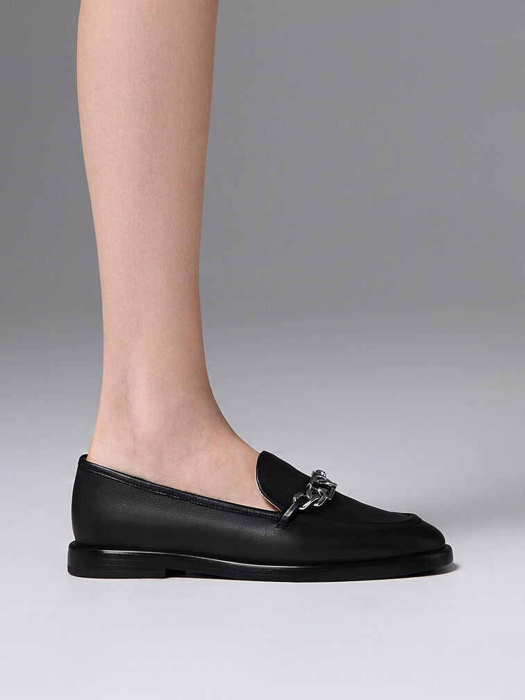 Gabine Chain-Link Leather Loafers - Black