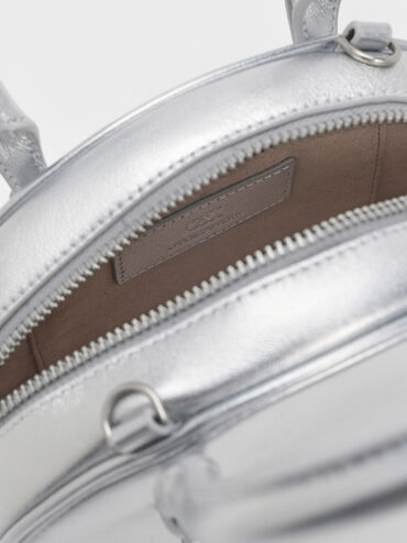 Satin Half-Moon Bowling Bag, Silver, hi-res
