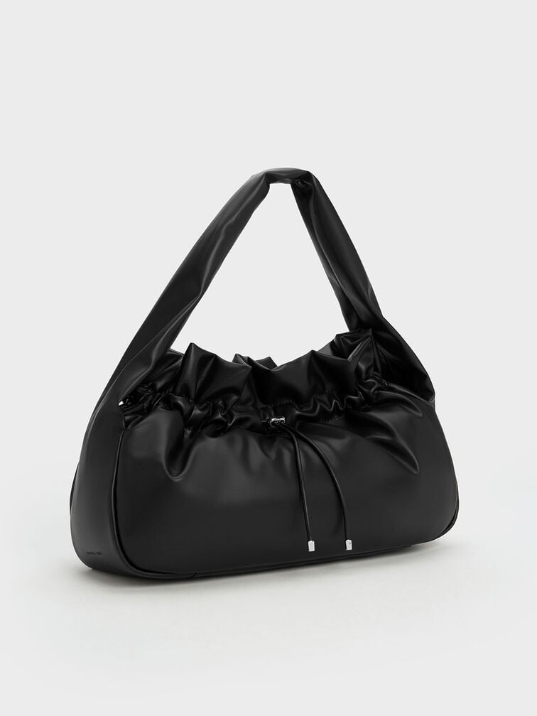 Bolso hobo efecto fruncido, Negro, hi-res