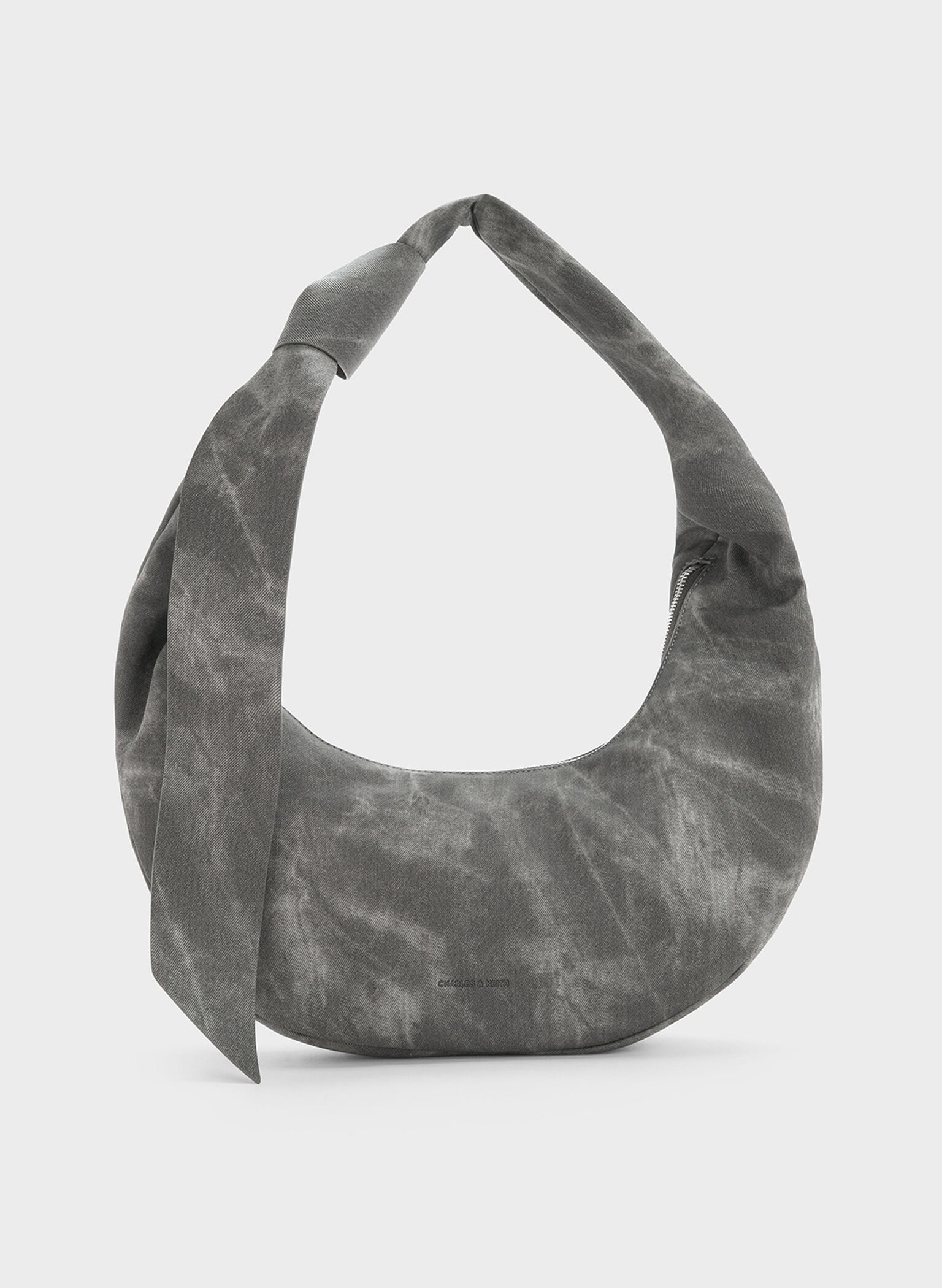 Bolso hobo curvo Toni de denim con detalles de nudos, Gris oscuro, hi-res