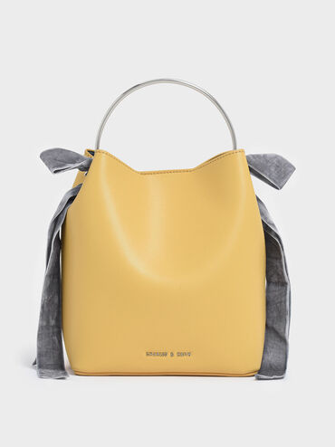 Velvet Bow Detail Bucket Bag, Yellow, hi-res