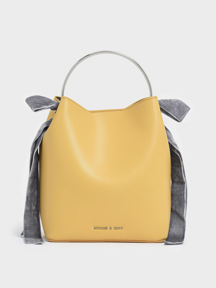 Velvet Bow Detail Bucket Bag, Yellow, hi-res