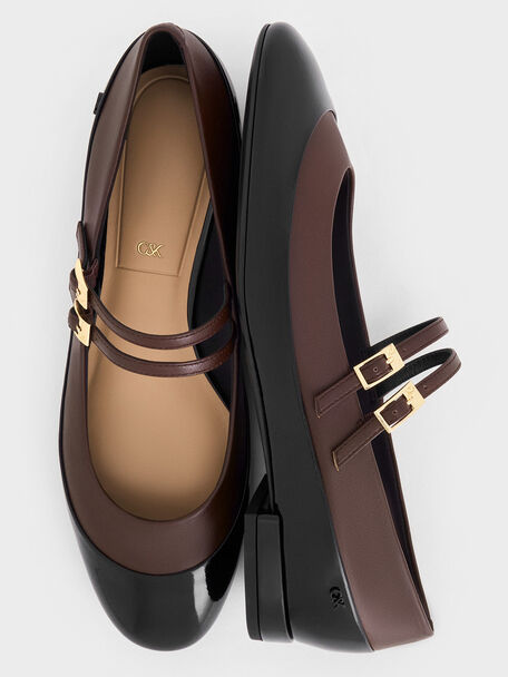 Leather & Patent Double-Strap Mary Jane Flats, Dark Brown, hi-res