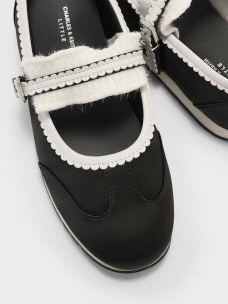 Girls' Satin Scallop-Trim Mary Jane Sneakers, Black Textured, hi-res