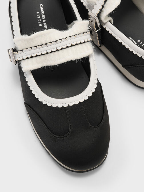 Girls' Satin Scallop-Trim Mary Jane Sneakers, Black Textured, hi-res