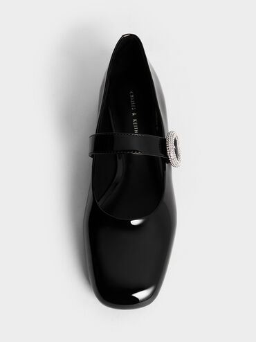 Patent Crystal-Embellished Buckle Mary Jane Flats, Black Patent, hi-res