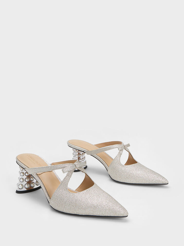 Jacinda Beaded Heel Glittered Bow Mules, Silver, hi-res