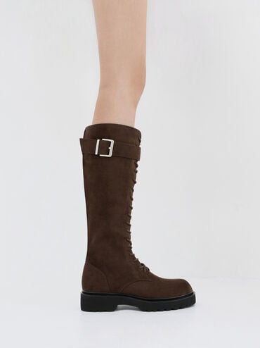 Botas hasta la rodilla con cordones y hebilla Darian en antelina, Dark Brown Textured, hi-res