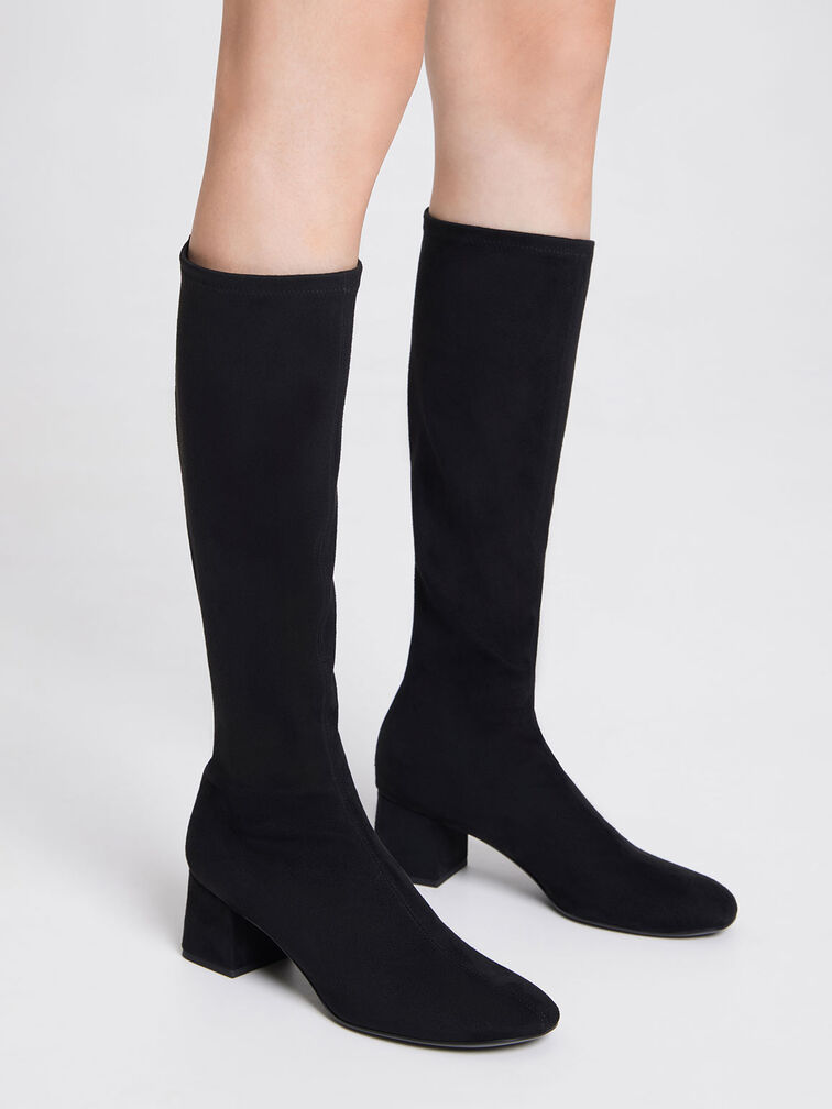 Textured Block Heel Knee Boots, Black Textured, hi-res