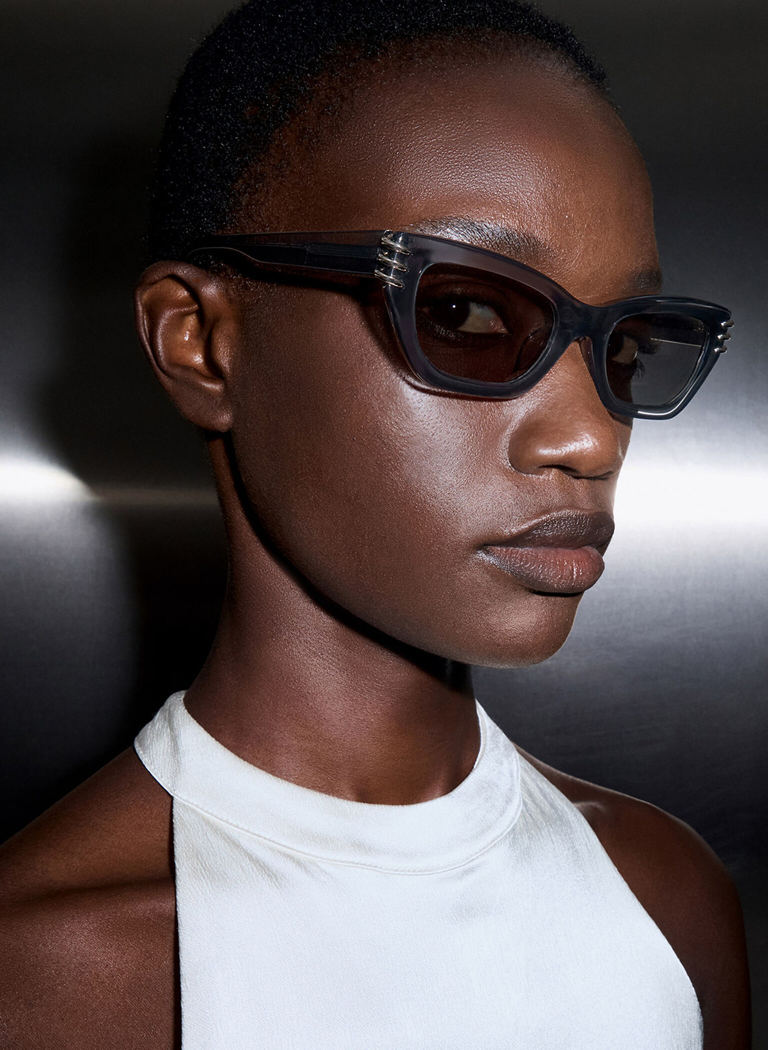 Recycled Acetate Metallic-Accent Angular Cat-Eye Sunglasses, Navy, hi-res