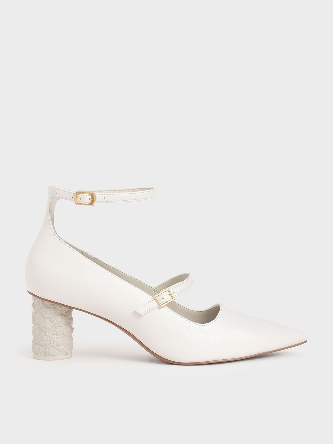 White Embossed Heel Mary Jane Pumps