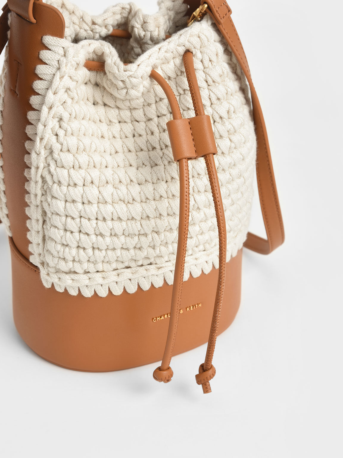Crochet Drawstring Bucket Bag, Cognac, hi-res