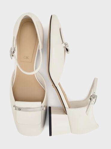 Tacones D'Orsay de cuero con puntera cuadrada y tira al tobillo, Blanco tiza, hi-res