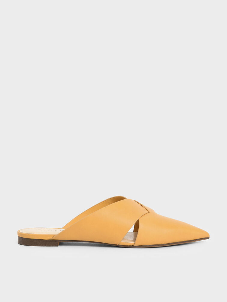 Woven Pointed Toe Mules, Mustard, hi-res