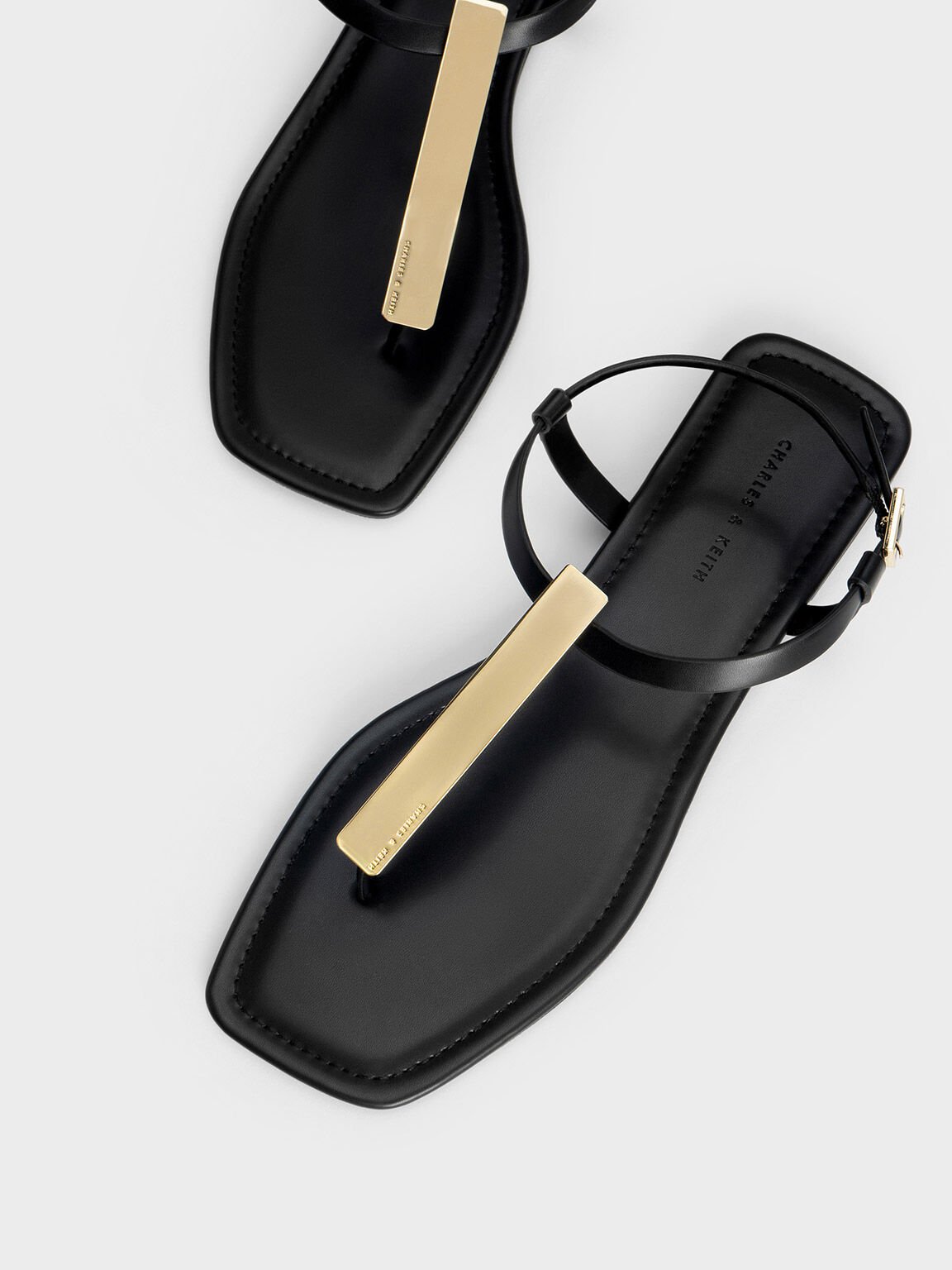 Metallic Accent T-Bar Thong Sandals, Black, hi-res