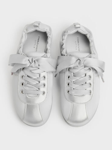 Girls' Satin Pearlescent Sneakers, Silver, hi-res