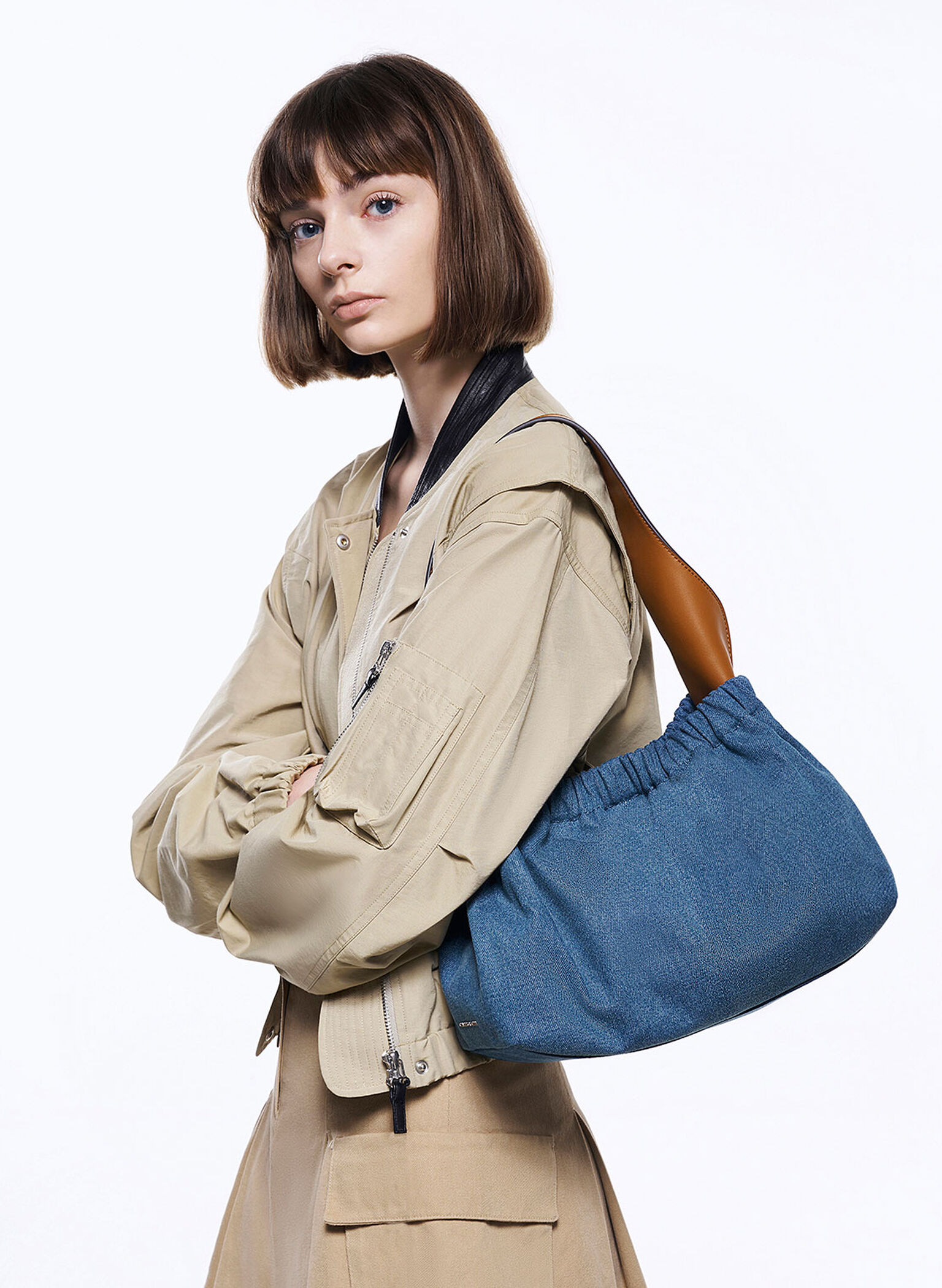 Large Ally Denim Ruched Slouchy Bag, Denim Blue, hi-res