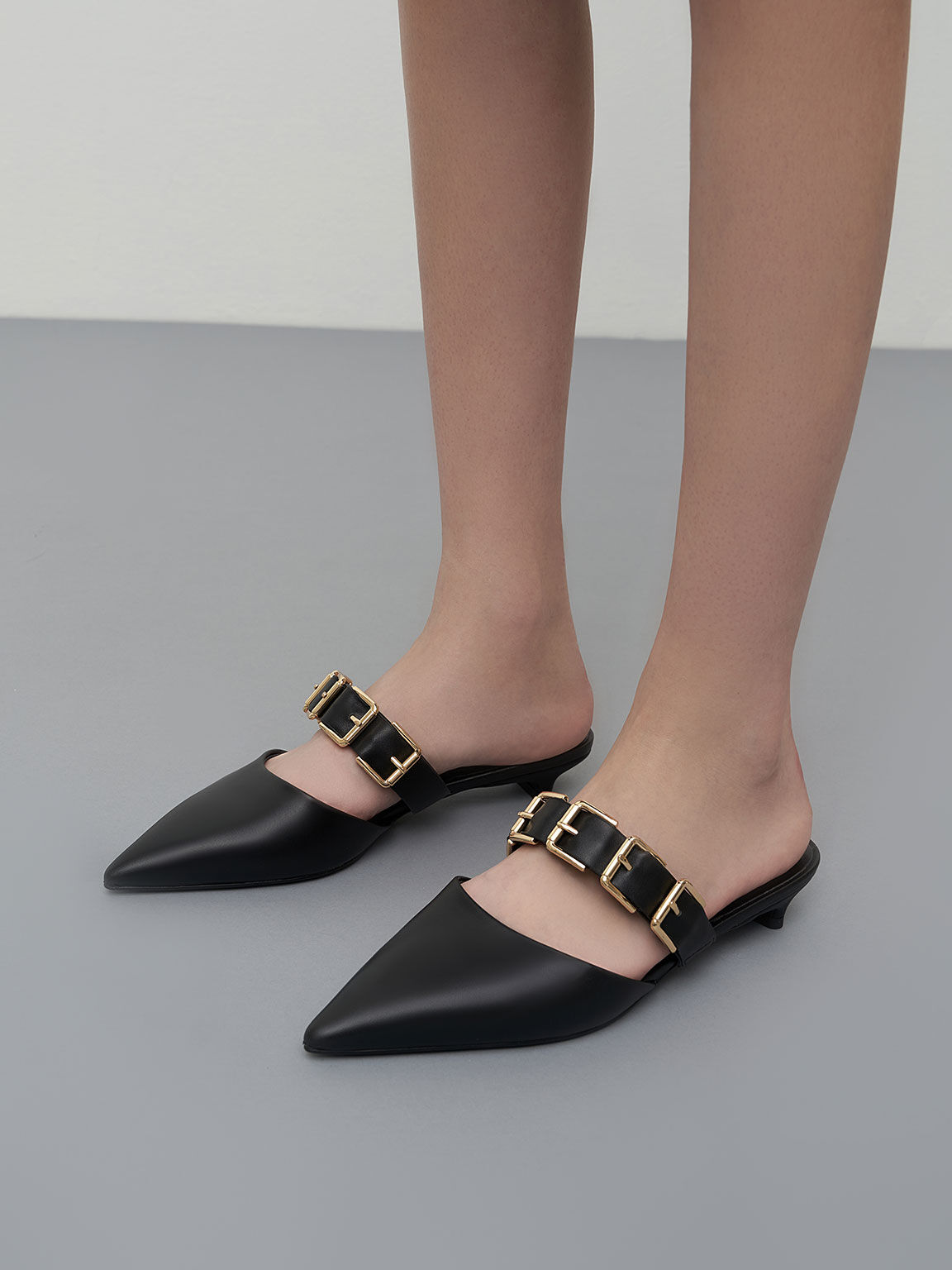 Buckled Leather Kitten Heel Mules, Black, hi-res