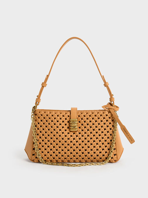 Nova Woven Chain-Handle Shoulder Bag, Orange, hi-res