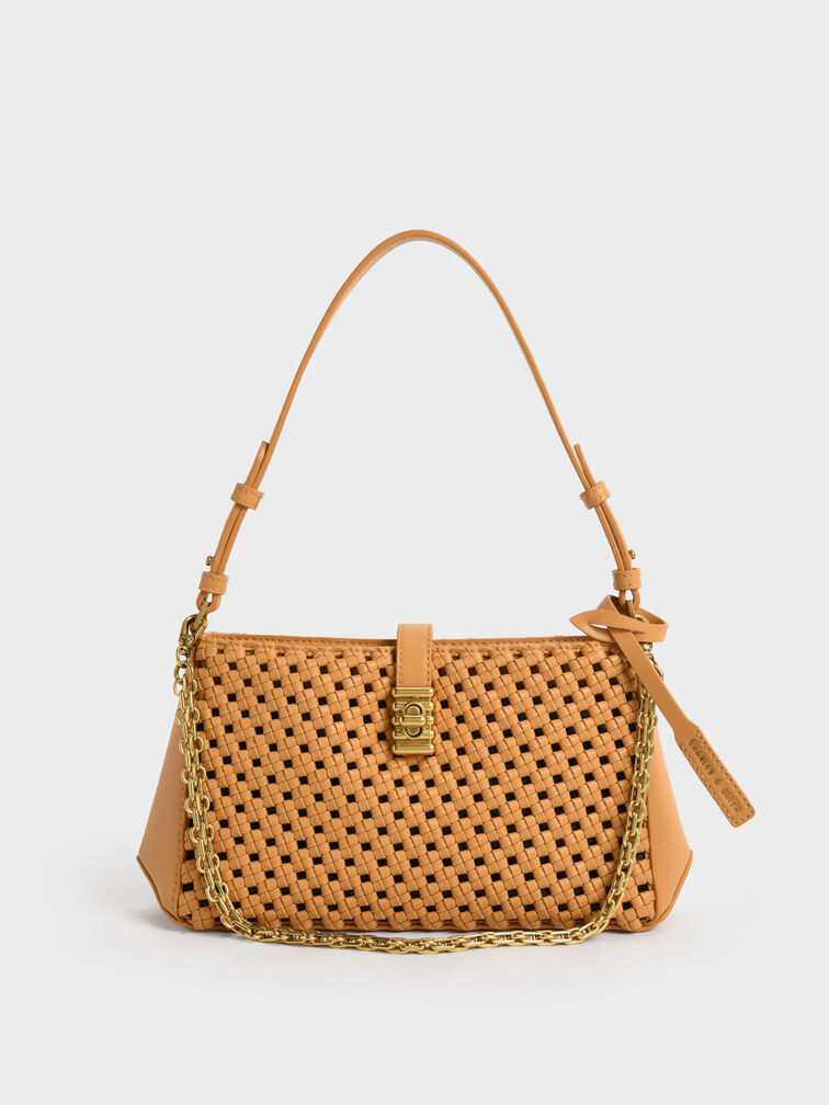 Nova Woven Chain-Handle Shoulder Bag, Orange, hi-res