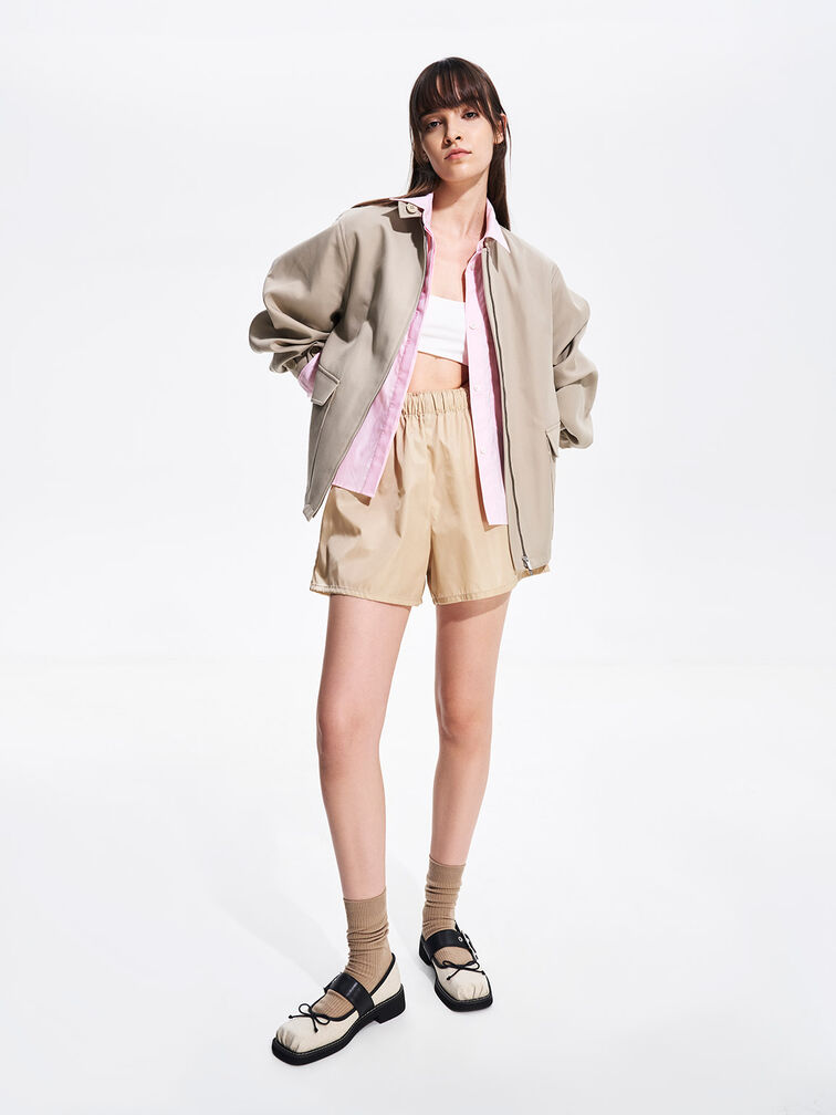 Mary Janes com laço de linho e fivela, Beige, hi-res