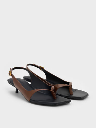 Square-Toe Kitten-Heel Thong Sandals, Brown, hi-res
