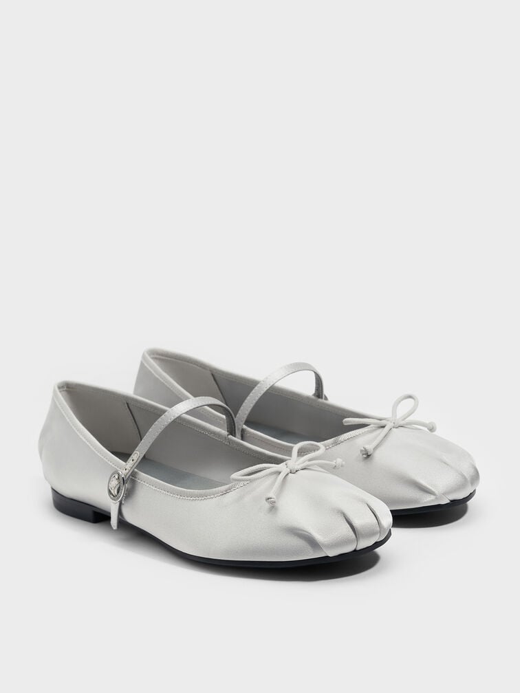 Emiko Satin Bow Mary Jane Flats, Silver, hi-res