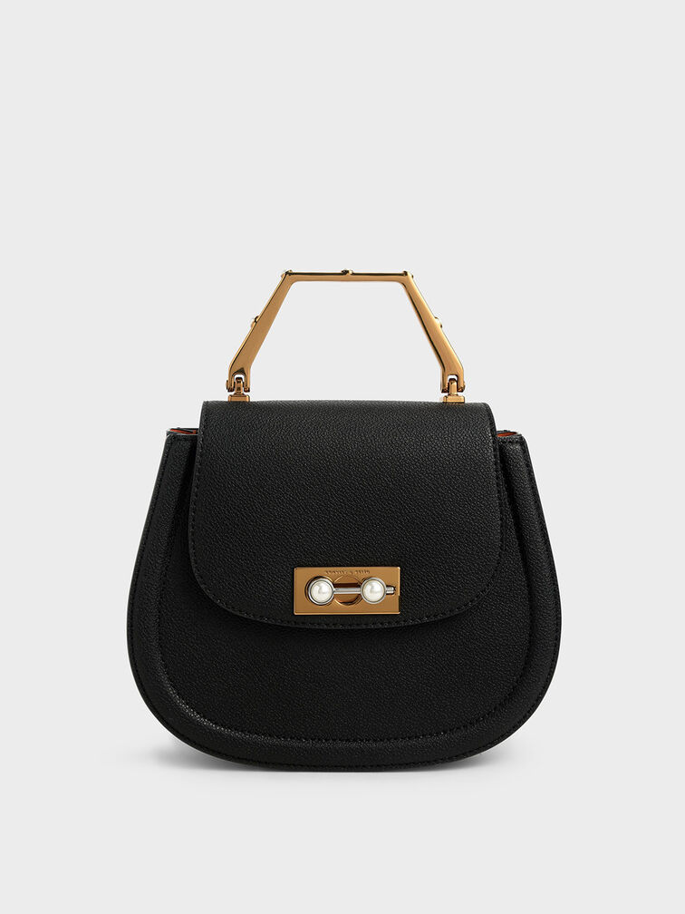 Geometric Top Handle Saddle Bag, Black, hi-res