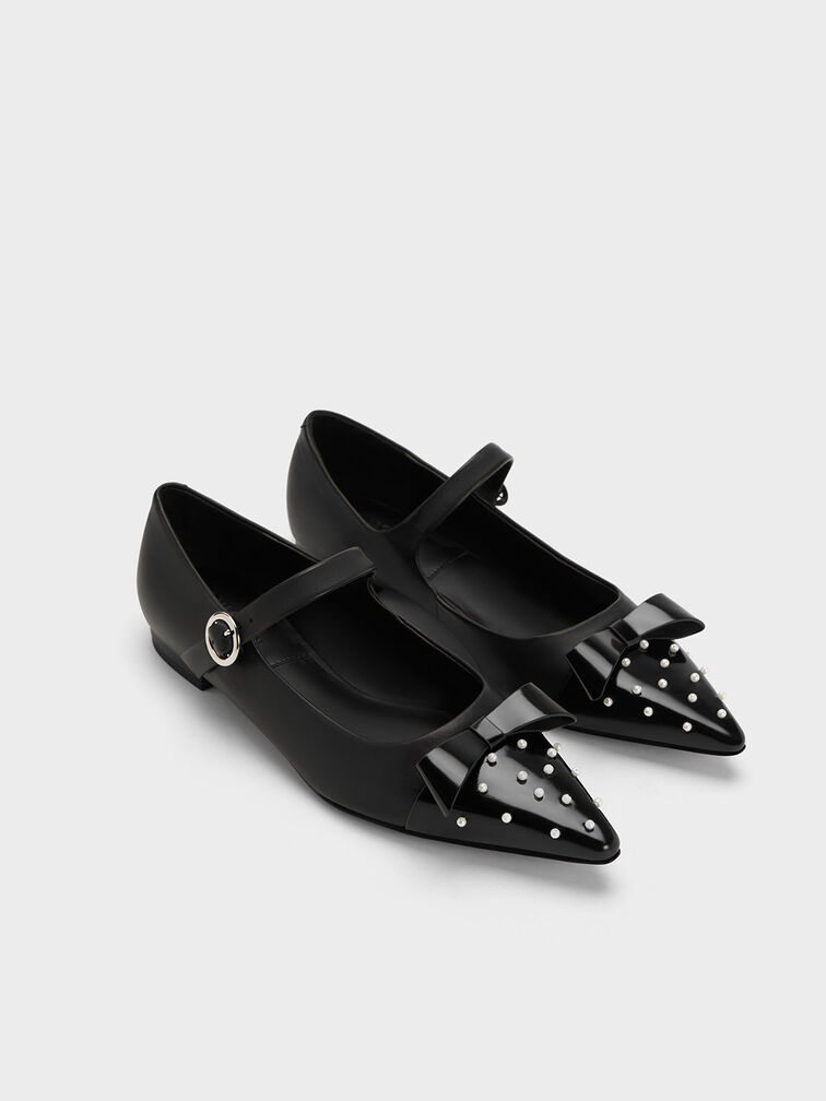 Bead-Embellished Leather Bow Mary Jane Flats, Black, hi-res