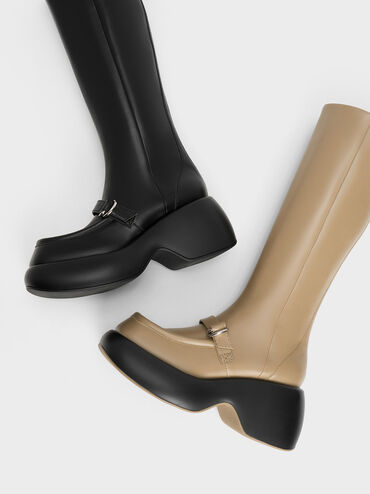 Buckled Platform Knee-High Boots, Black, hi-res